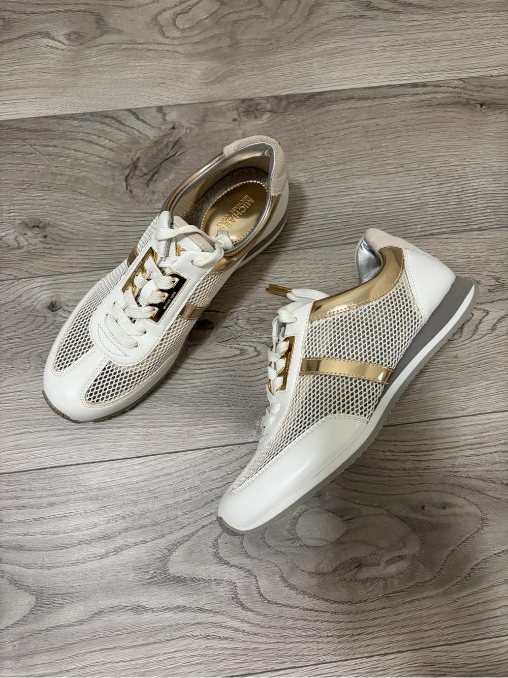 MICHAEL Michael Kors White and Gold Mesh Lace-Up Sneakers